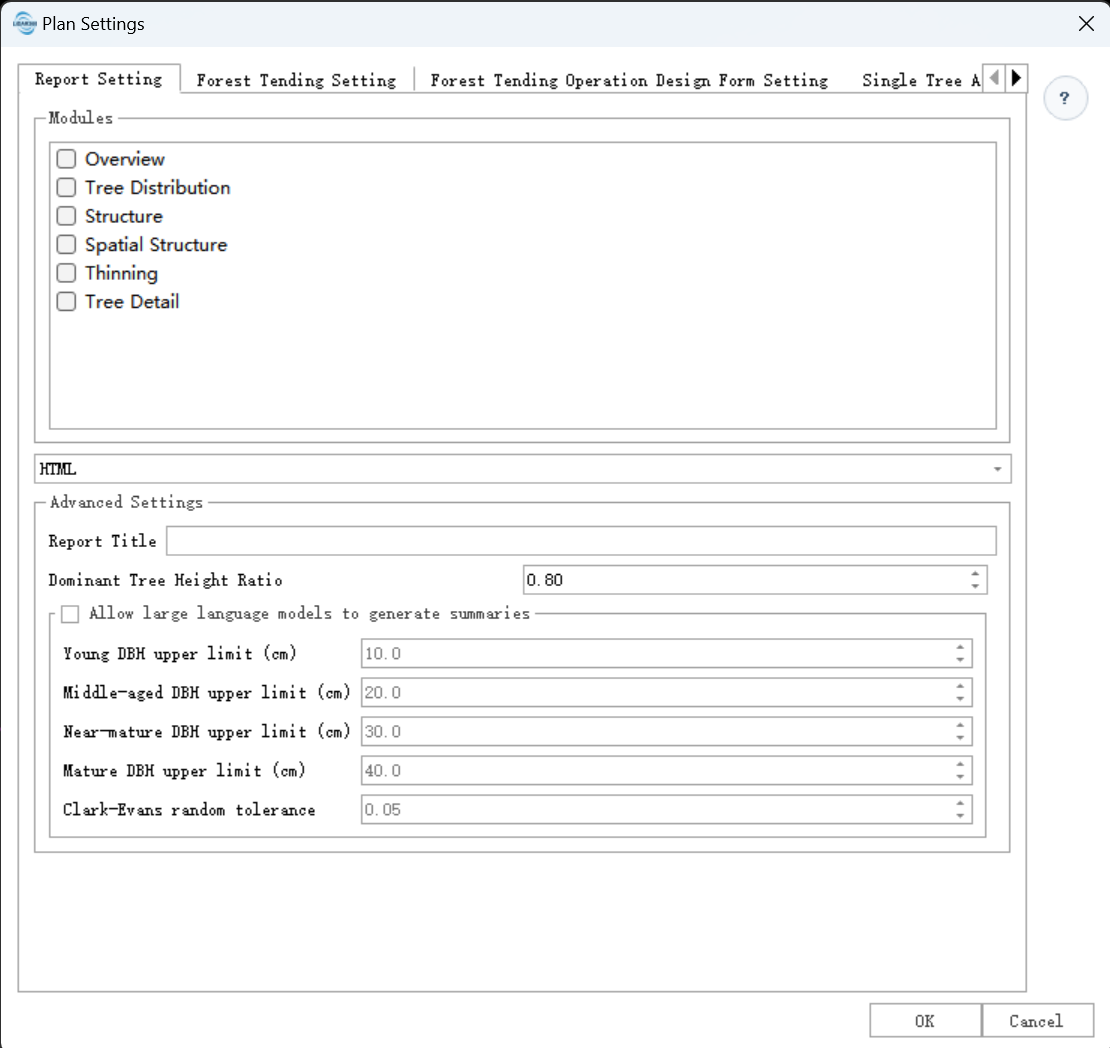 Forest Tending Report Settings