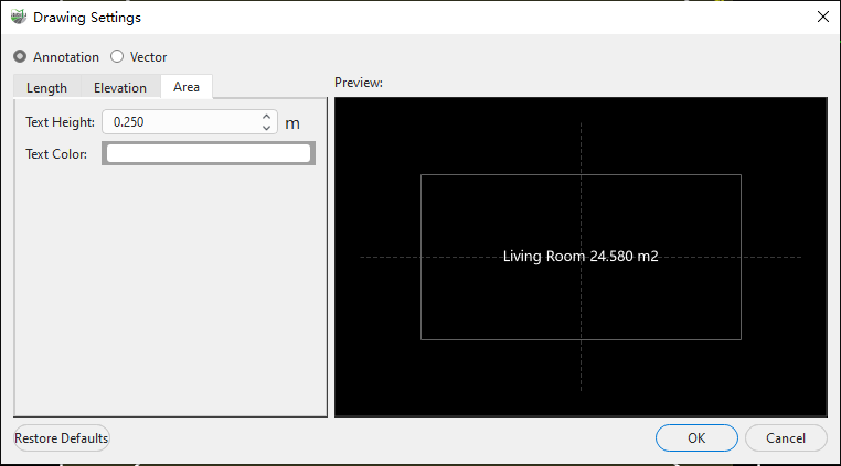 Area annotation settings and preview
