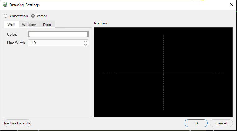 Wall, door, and window vector settings and preview