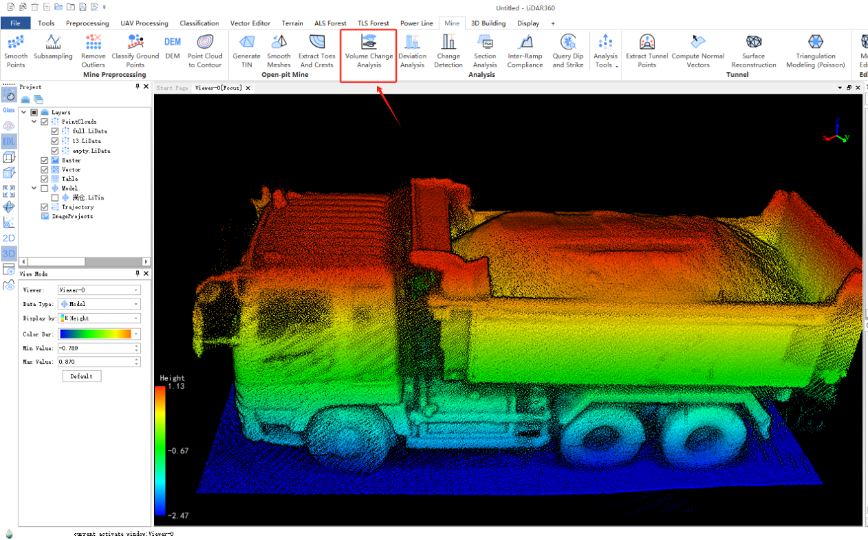 Volume measurement of mining truck sand material based on LiGrip H300